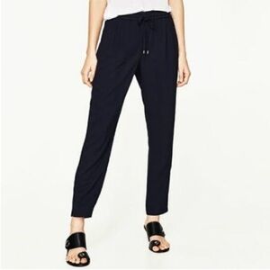 Zara Basics dark blue drawstring pants trousers pull-on work sz L